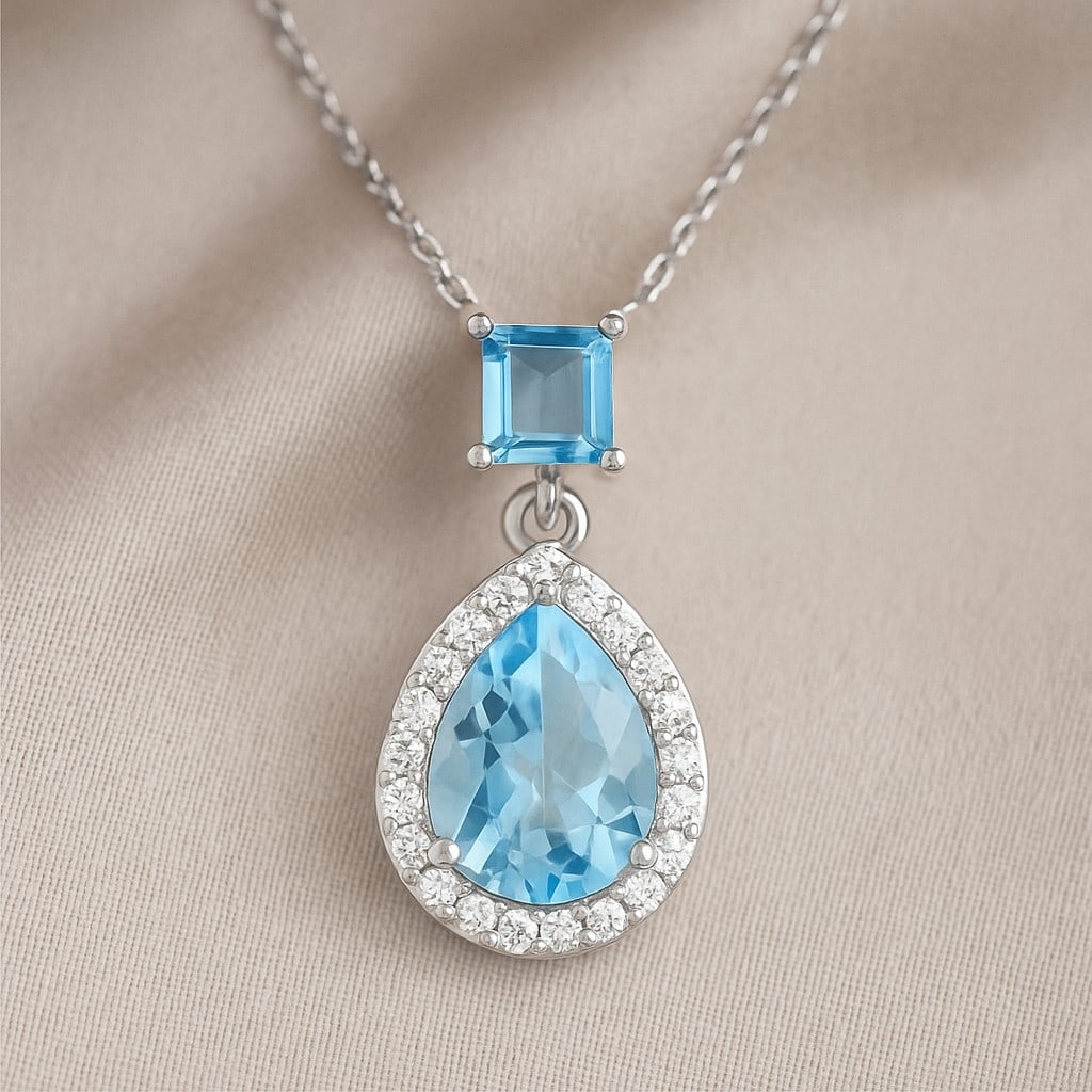 Natural Aquamarine & Diamond 92.5 Sterling Silver Pendant with Chain (1 of 7)