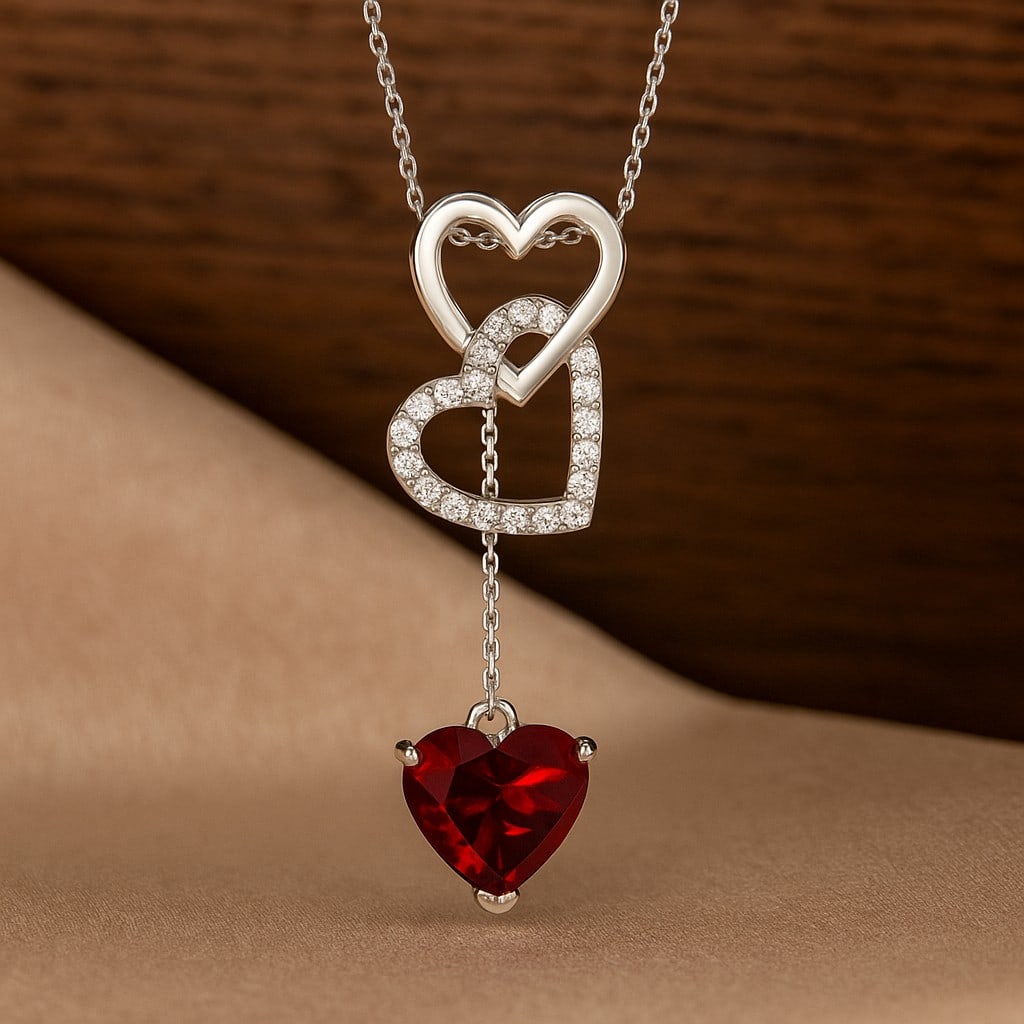 Natural Garnet & Diamond 92.5 Sterling Silver Pendant with Chain: Natural Garnet & Diamond 92.5 Sterling Silver Pendant with Chain Gemstone Shape : Heart Gemstone Size : 8 MM Gemstone Quantity : 1 Piece Diamond Type : Lab Grown Diamond Shape : Round Diamond C