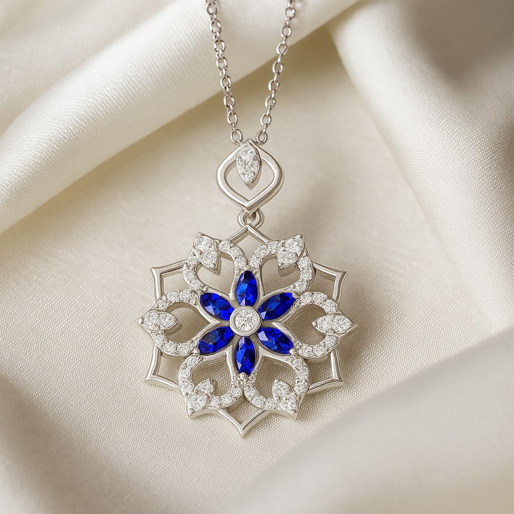 Natural Tanzanite & Diamond 92.5 Sterling Silver Pendant with Chain: Natural Tanzanite & Diamond 92.5 Sterling Silver Pendant with Chain Gemstone Shape : Marquise Gemstone Size : 6 MM Gemstone Quantity : 6 Pieces Diamond Type : Lab Grown Diamond Shape : Round Di