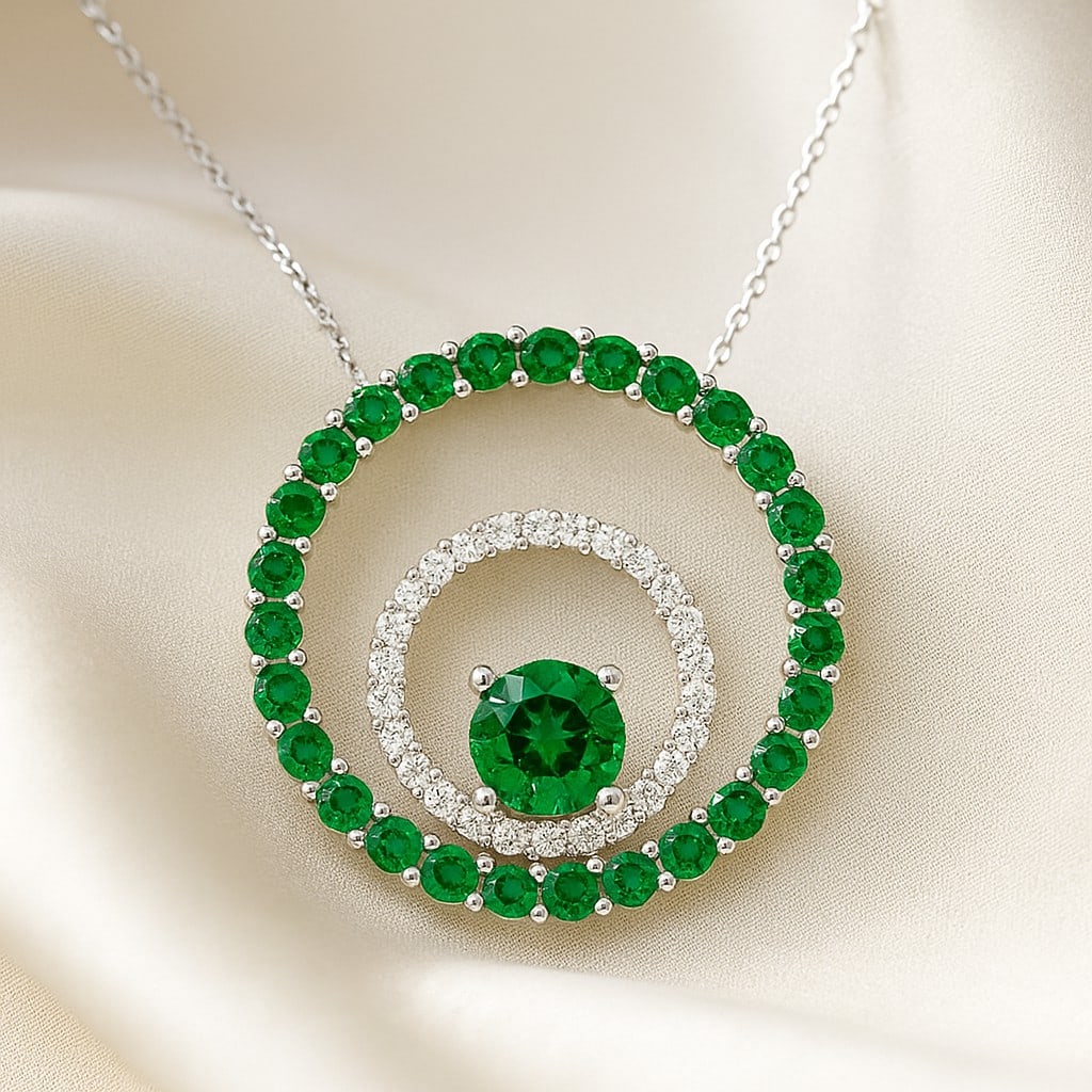 Lab Grown Emerald & Diamond 92.5 Sterling Silver Necklace: Lab Grown Emerald & Diamond 92.5 Sterling Silver Necklace Gemstone Shape : Round Gemstone Size : 5 MM, 2 MM Gemstone Quantity : 1 Piece, 28 Pieces Diamond Type : Lab Grown Diamond Shape : Round