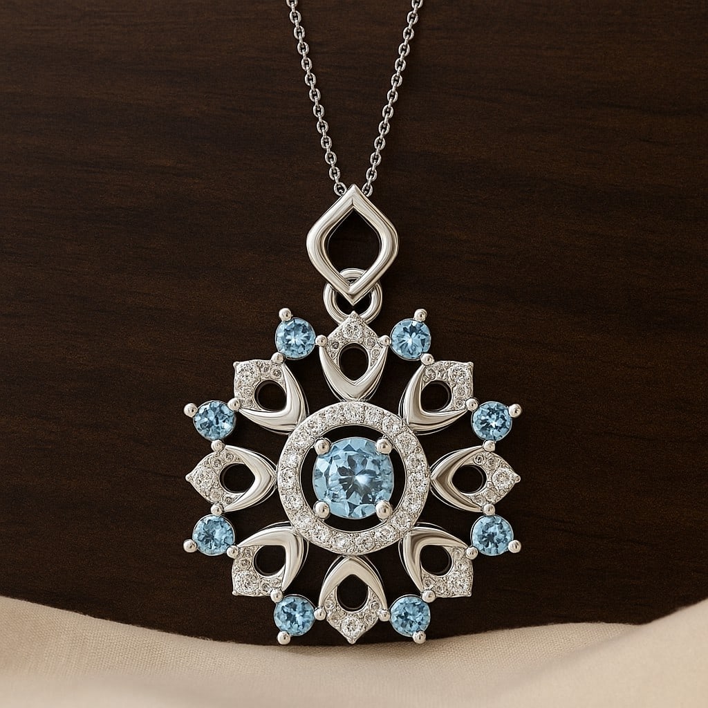 Natural Aquamarine & Diamond 92.5 Sterling Silver Pendant with Chain: Natural Aquamarine & Diamond 92.5 Sterling Silver Pendant with Chain Gemstone Shape : Round Gemstone Size : 4 MM, 2 MM Gemstone Quantity : 1 Piece, 8 Pieces Diamond Type : Lab Grown Diamond Shape : Ro