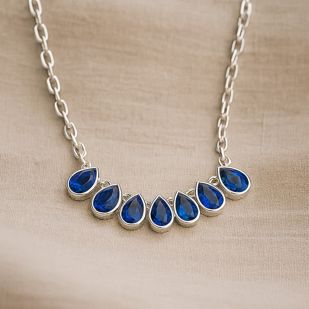 Natural Blue Sapphire Gemstone 92.5 Sterling Silver Necklace (1 of 7)