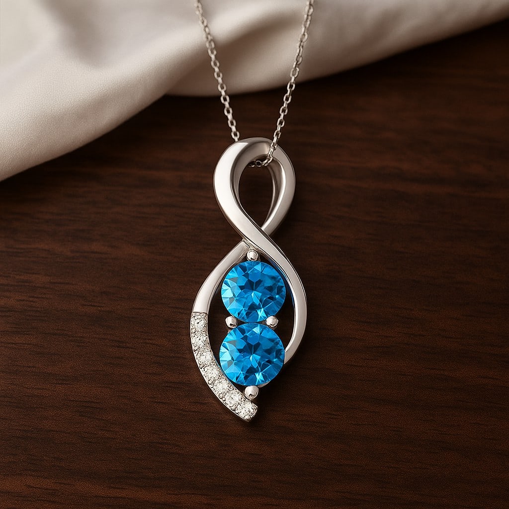 Natural Swiss Blue Topaz & Diamond 92.5 Sterling Silver Pendant with Chain: Natural Swiss Blue Topaz & Diamond 92.5 Sterling Silver Pendant with Chain Gemstone Shape : Round Gemstone Size : 5.5 MM Gemstone Quantity : 2 Pieces Diamond Type : Lab Grown Diamond Shape : Round