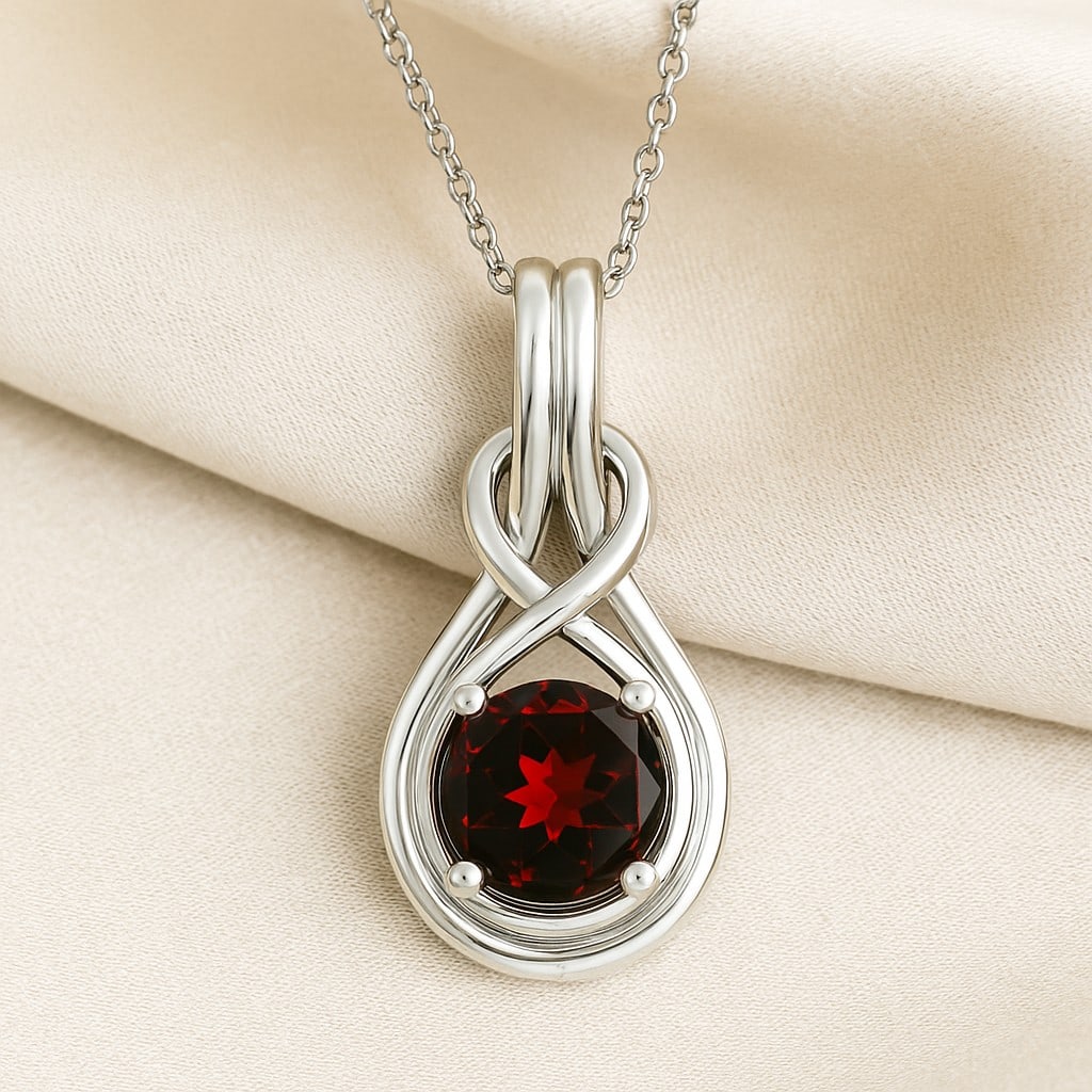 Natural Garnet Gemstone 92.5 Sterling Silver Pendant with Chain: Natural Garnet Gemstone 92.5 Sterling Silver Pendant with Chain Gemstone Shape : Round Gemstone Size : 7 MM Gemstone Quantity : 1 Piece Metal : Silver Metal Purity : 92.5 Sterling Silver Pendan