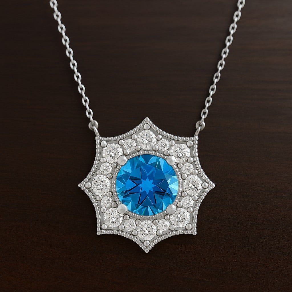Natural Swiss Blue Topaz & Diamond 92.5 Sterling Silver Pendant with Chain: Natural Swiss Blue Topaz & Diamond 92.5 Sterling Silver Pendant with Chain Gemstone Shape : Round Gemstone Size : 5 MM Gemstone Quantity : 1 Piece Diamond Type : Lab Grown Diamond Shape : Round