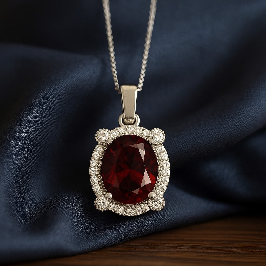 Natural Garnet & Diamond 92.5 Sterling Silver Pendant with Chain: Natural Garnet & Diamond 92.5 Sterling Silver Pendant with Chain Gemstone Shape : Oval Gemstone Size : 10x8 MM Gemstone Quantity : 2 Pieces Diamond Type : Lab Grown Diamond Shape : Round Diamon