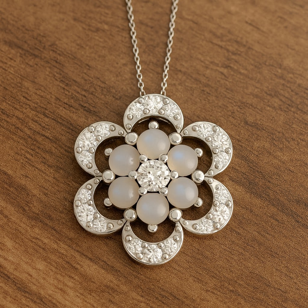 Natural Moonstone & Diamond 92.5 Sterling Silver Pendant with Chain: Natural Moonstone & Diamond 92.5 Sterling Silver Pendant with Chain Gemstone Shape : Round Gemstone Size : 2.5 MM Gemstone Quantity : 6 Pieces Diamond Type : Lab Grown Diamond Shape : Round Dia