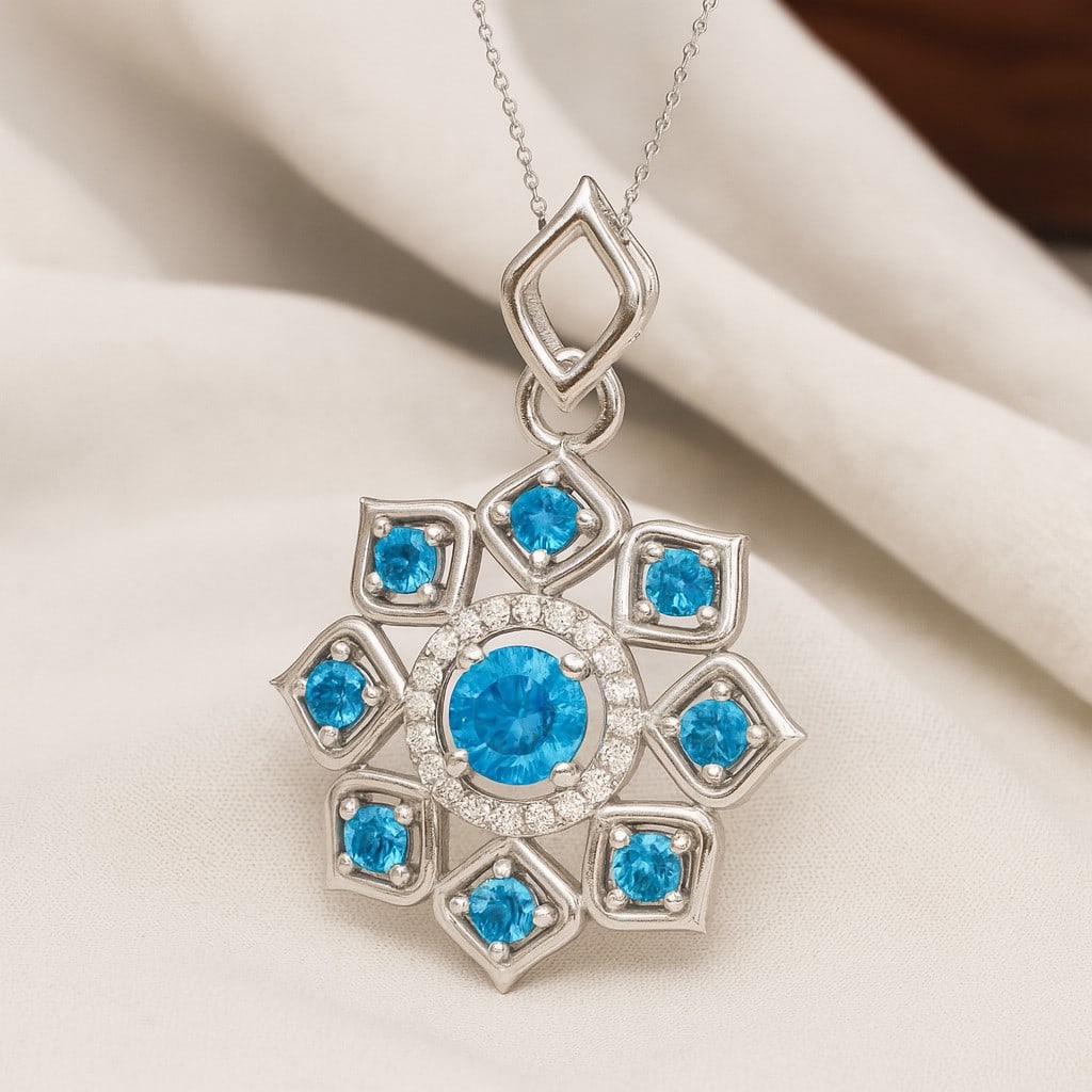 Natural Swiss Blue Topaz & Diamond 92.5 Sterling Silver Pendant with Chain: Natural Swiss Blue Topaz & Diamond 92.5 Sterling Silver Pendant with Chain Gemstone Shape : Round Gemstone Size : 4 MM, 2 MM Gemstone Quantity : 9 Pieces Diamond Type : Lab Grown Diamond Shape : Round