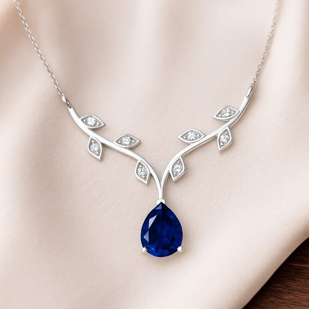 Natural Blue Sapphire & Diamond 92.5 Sterling Silver Necklace: Natural Blue Sapphire & Diamond 92.5 Sterling Silver Necklace Gemstone Shape : Pear Gemstone Size : 8x6 MM Gemstone Quantity : 1 Piece Diamond Type : Lab Grown Diamond Shape : Round Diamond Col