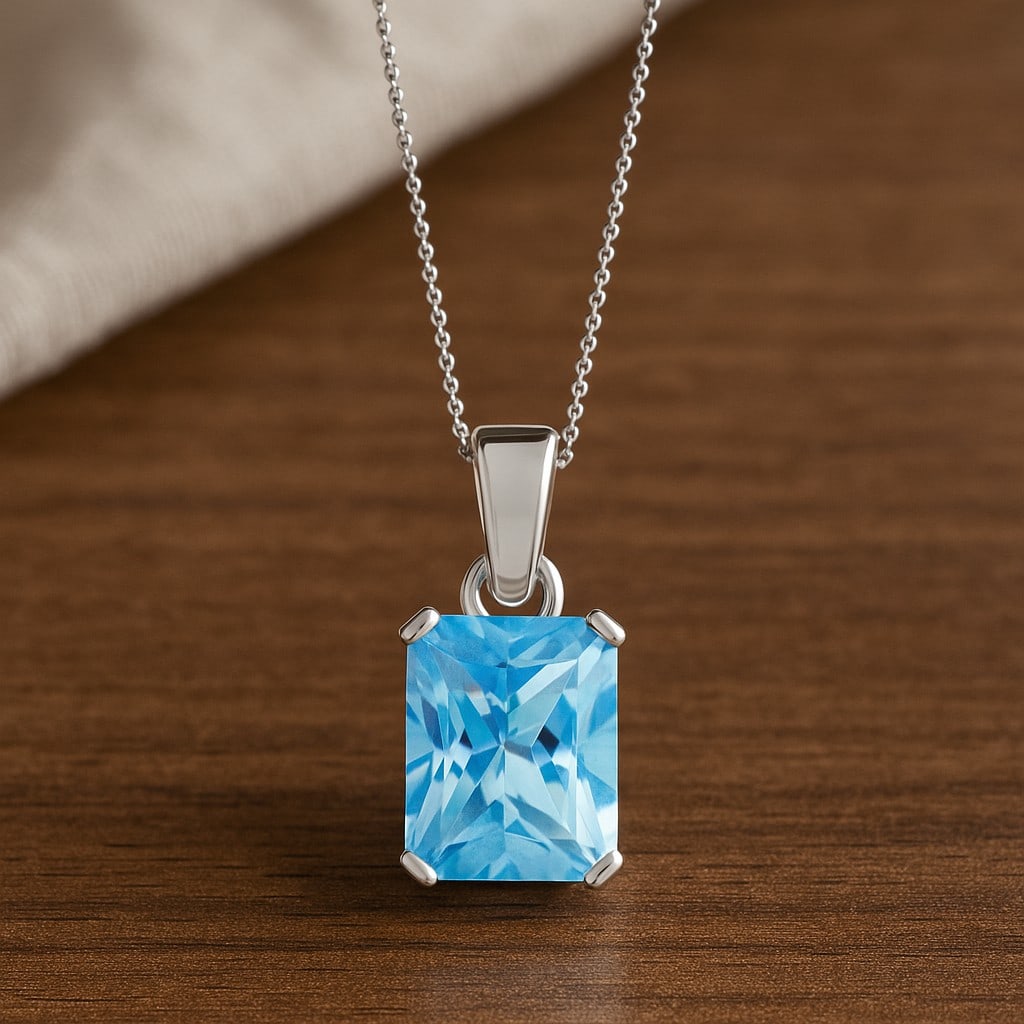 Natural Aquamarine Gemstone 92.5 Sterling Silver Pendant with Chain: Natural Aquamarine Gemstone 92.5 Sterling Silver Pendant with Chain Gemstone Shape : Emerald Gemstone Size : 9x7 MM Gemstone Quantity : 1 Piece Metal : Silver Metal Purity : 92.5 Sterling Silver