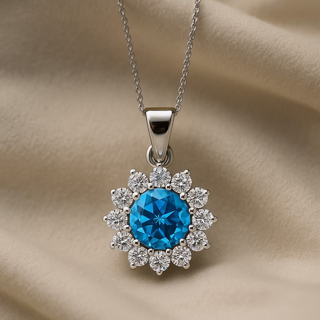 Natural Swiss Blue Topaz & Diamond 92.5 Sterling Silver Pendant with Chain: Natural Swiss Blue Topaz & Diamond 92.5 Sterling Silver Pendant with Chain Gemstone Shape : Round Gemstone Size : 7 MM Gemstone Quantity : 1 Piece Diamond Type : Lab Grown Diamond Shape : Round