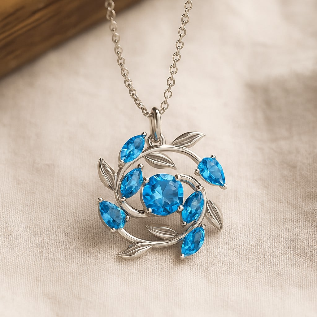 Natural Swiss Blue Topaz Gemstone 92.5 Sterling Silver Pendant with Chain: Natural Swiss Blue Topaz Gemstone 92.5 Sterling Silver Pendant with Chain Gemstone Shape : Marquise, Pear, Round Gemstone Size : 5x2.5 MM, 5x3 MM, 6 MM Gemstone Quantity : 7 Pieces Metal : Silver Meta