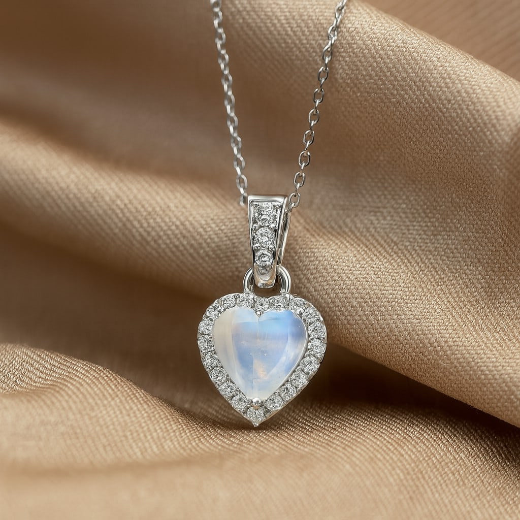 Natural Moonstone & Diamond 92.5 Sterling Silver Pendant with Chain: Natural Moonstone & Diamond 92.5 Sterling Silver Pendant with Chain Gemstone Shape : Heart Gemstone Size : 6 MM Gemstone Quantity : 1 Piece Diamond Type : Lab Grown Diamond Shape : Round Diamon