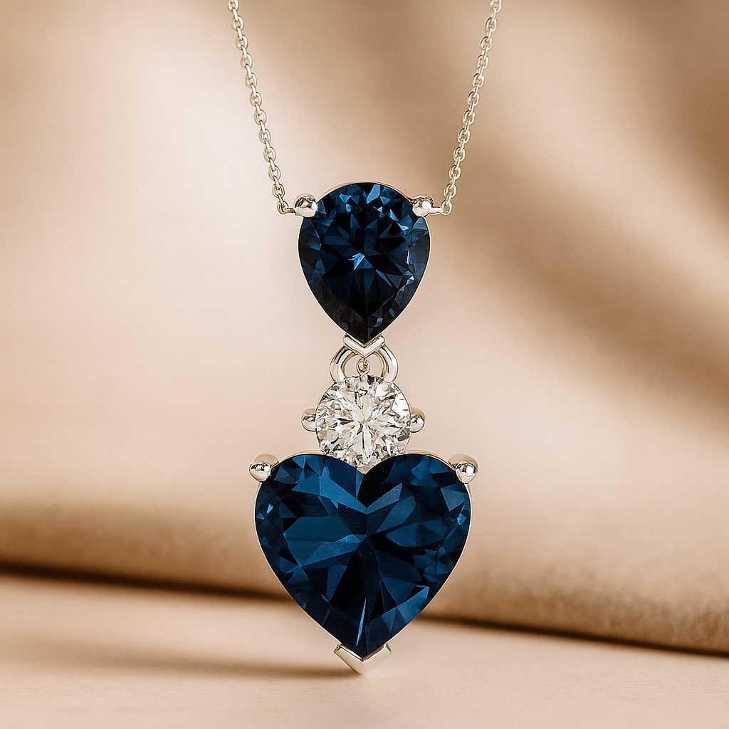 Natural London Blue Topaz & Diamond 92.5 Sterling Silver Pendant with Chain: Natural London Blue Topaz & Diamond 92.5 Sterling Silver Pendant with Chain Gemstone Shape : Heart, Pear Gemstone Size : 9 MM, 7x5 MM Gemstone Quantity : 2 Pieces Diamond Type : Lab Grown Diamond Shap