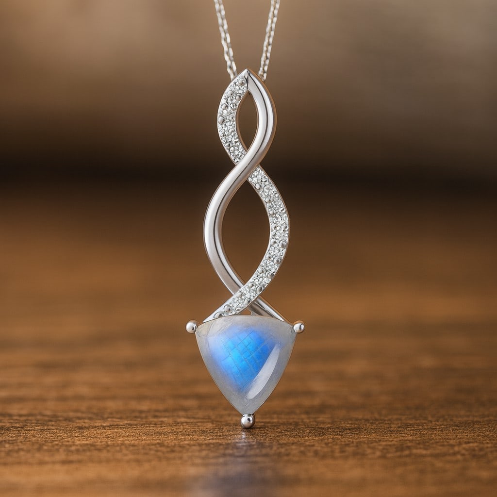 Natural Moonstone & Diamond 92.5 Sterling Silver Pendant with Chain: Natural Moonstone & Diamond 92.5 Sterling Silver Pendant with Chain Gemstone Shape : Trillion Curved Gemstone Size : 7 MM Gemstone Quantity : 1 Piece Diamond Type : Lab Grown Diamond Shape : Round