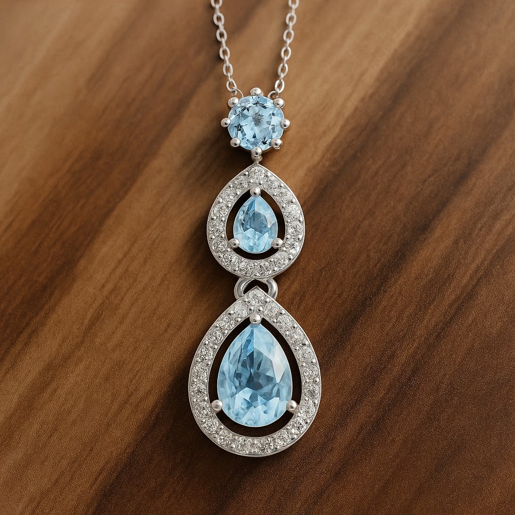 Natural Aquamarine & Diamond 92.5 Sterling Silver Pendant with Chain: Natural Aquamarine & Diamond 92.5 Sterling Silver Pendant with Chain Gemstone Shape : Pear, Round Gemstone Size : 7x5 MM, 4x3 MM, 3.5 MM Gemstone Quantity : 3 Pieces Diamond Type : Lab Grown Diamond S