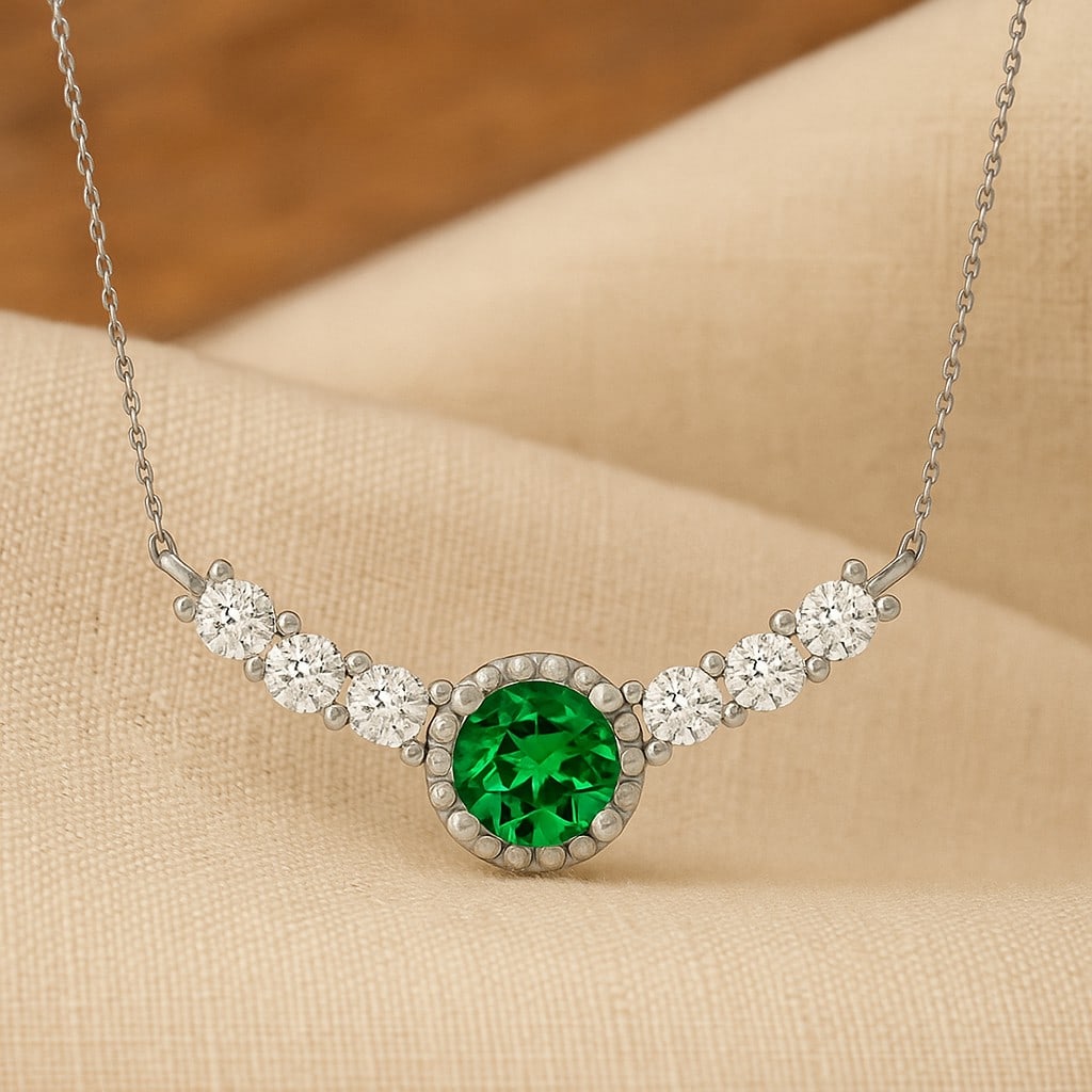 Lab Grown Emerald & Diamond 92.5 Sterling Silver Necklace: Lab Grown Emerald & Diamond 92.5 Sterling Silver Necklace Gemstone Shape : Round Gemstone Size : 3.5 MM Gemstone Quantity : 1 Piece Diamond Type : Lab Grown Diamond Shape : Round Diamond Color