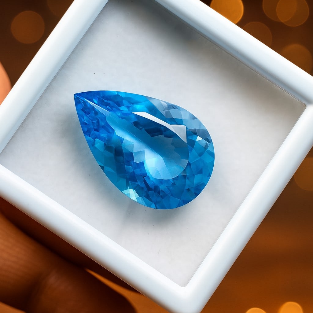 Natural Blue Topaz Pear Faceted Cut 38.55 Carats Gemstone: Natural Blue Topaz Pear Faceted Cut 38.55 Carats Gemstone Gemstone : Blue Topaz Stone Shape : Pear Stone Cutting Type : Faceted Cut Stone Weight : 38.55 Carats Stone Measurement : 30x18.5x1