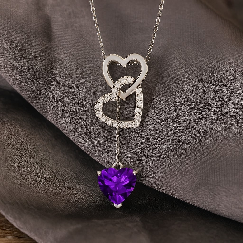 Natural Amethyst & Diamond 92.5 Sterling Silver Pendant with Chain: Natural Amethyst & Diamond 92.5 Sterling Silver Pendant with Chain Gemstone Shape : Heart Gemstone Size : 8 MM Gemstone Quantity : 1 Piece Diamond Type : Lab Grown Diamond Shape : Round Diamond