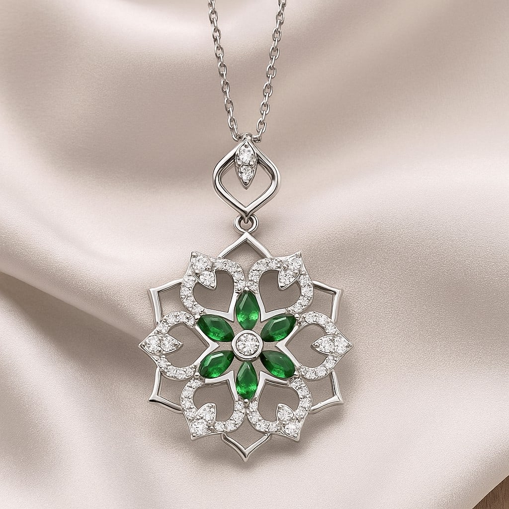 Lab Grown Emerald & Diamond 92.5 Sterling Silver Pendant with Chain: Lab Grown Emerald & Diamond 92.5 Sterling Silver Pendant with Chain Gemstone Shape : Marquise Gemstone Size : 6 MM Gemstone Quantity : 6 Pieces Diamond Type : Lab Grown Diamond Shape : Round Di