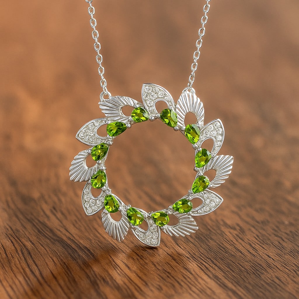 Natural Peridot & Diamond 92.5 Sterling Silver Pendant with Chain: Natural Peridot & Diamond 92.5 Sterling Silver Pendant with Chain Gemstone Shape : Pear Gemstone Size : 3x2 MM Gemstone Quantity : 12 Pieces Diamond Type : Lab Grown Diamond Shape : Round Diamo