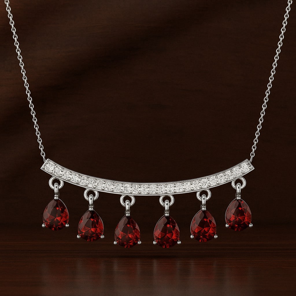 Natural Garnet & Diamond 92.5 Sterling Silver Necklace: Natural Garnet & Diamond 92.5 Sterling Silver Necklace Gemstone Shape : Pear Gemstone Size : 5x4 MM Gemstone Quantity : 6 Pieces Diamond Type : Lab Grown Diamond Shape : Round Diamond Color : <