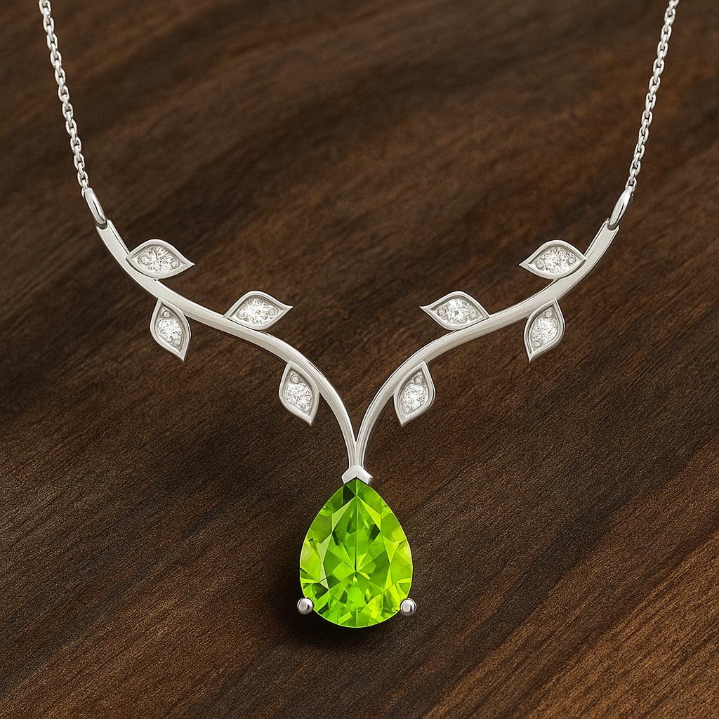 Natural Peridot & Diamond 92.5 Sterling Silver Necklace: Natural Peridot & Diamond 92.5 Sterling Silver Necklace Gemstone Shape : Pear Gemstone Size : 8x6 MM Gemstone Quantity : 1 Piece Diamond Type : Lab Grown Diamond Shape : Round Diamond Color : <