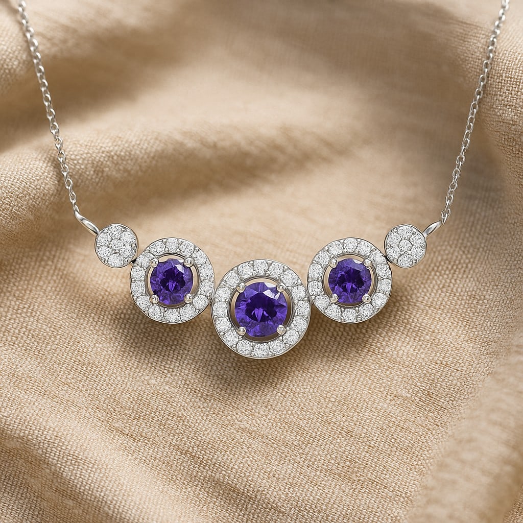 Natural Amethyst & Diamond 92.5 Sterling Silver Necklace: Natural Amethyst & Diamond 92.5 Sterling Silver Necklace Gemstone Shape : Round Gemstone Size : 3.5 MM, 2.8 MM Gemstone Quantity : 3 Pieces Diamond Type : Lab Grown Diamond Shape : Round Diamon