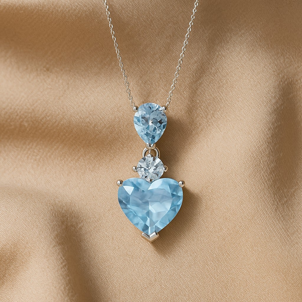 Natural Aquamarine & Diamond 92.5 Sterling Silver Pendant with Chain: Natural Aquamarine & Diamond 92.5 Sterling Silver Pendant with Chain Gemstone Shape : Heart, Pear Gemstone Size : 9 MM, 7x5 MM Gemstone Quantity : 2 Pieces Diamond Type : Lab Grown Diamond Shape : Rou
