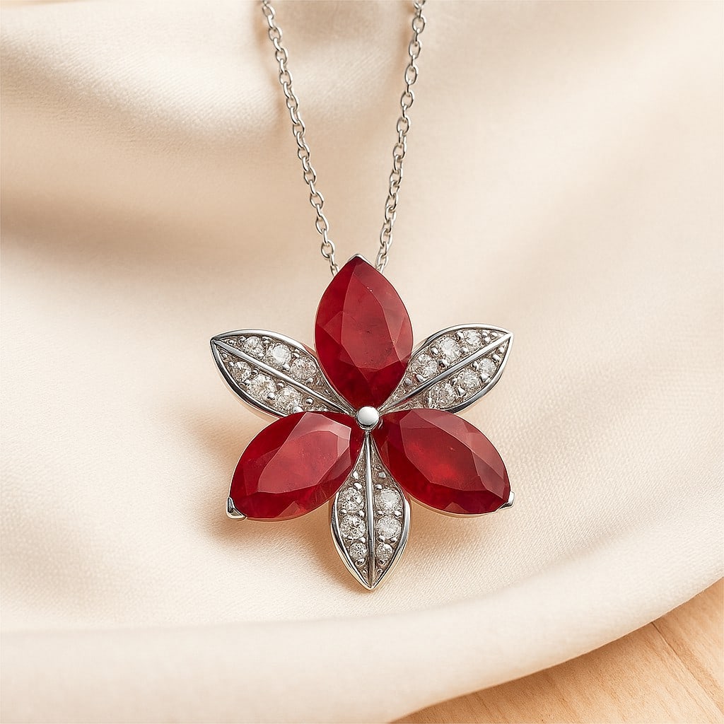 Natural Ruby & Diamond 92.5 Sterling Silver Pendant with Chain: Natural Ruby & Diamond 92.5 Sterling Silver Pendant with Chain Gemstone Shape : Marquise Gemstone Size : 12x6 MM Gemstone Quantity : 3 Pieces Diamond Type : Lab Grown Diamond Shape : Round Diam