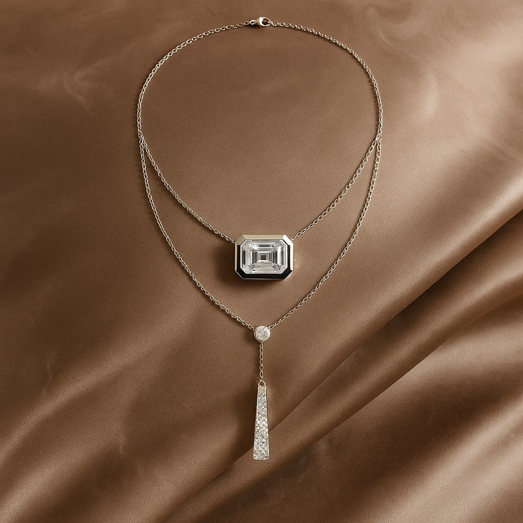 Lab Grown Diamond 92.5 Sterling Silver Necklace: Lab Grown Diamond 92.5 Sterling Silver Necklace Gemstone Shape : Emerald Gemstone Size : 6 MM Gemstone Quantity : 1 Piece Diamond Type : Lab Grown Diamond Shape : Round Diamond Color : D-E</