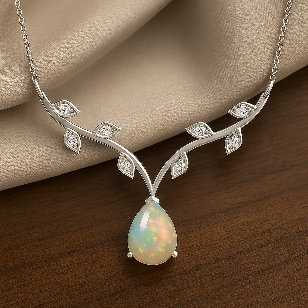 Natural Opal & Diamond 92.5 Sterling Silver Necklace: Natural Opal & Diamond 92.5 Sterling Silver Necklace Gemstone Shape : Pear Gemstone Size : 8x6 MM Gemstone Quantity : 1 Piece Diamond Type : Lab Grown Diamond Shape : Round Diamond Color : D