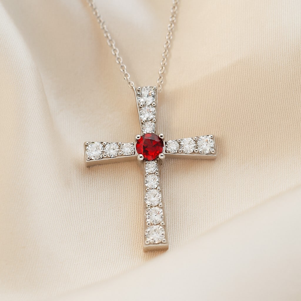 Natural Ruby & Diamond 92.5 Sterling Silver Pendant with Chain: Natural Ruby & Diamond 92.5 Sterling Silver Pendant with Chain Gemstone Shape : Round Gemstone Size : 3 MM Gemstone Quantity : 1 Piece Diamond Type : Lab Grown Diamond Shape : Round Diamond Col