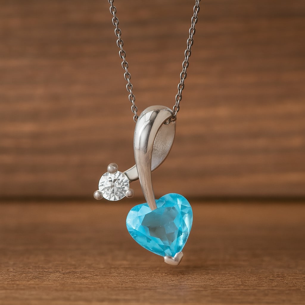 Natural Swiss Blue Topaz & Diamond 92.5 Sterling Silver Pendant with Chain: Natural Swiss Blue Topaz & Diamond 92.5 Sterling Silver Pendant with Chain Gemstone Shape : Heart Gemstone Size : 4 MM Gemstone Quantity : 1 Piece Diamond Type : Lab Grown Diamond Shape : Round
