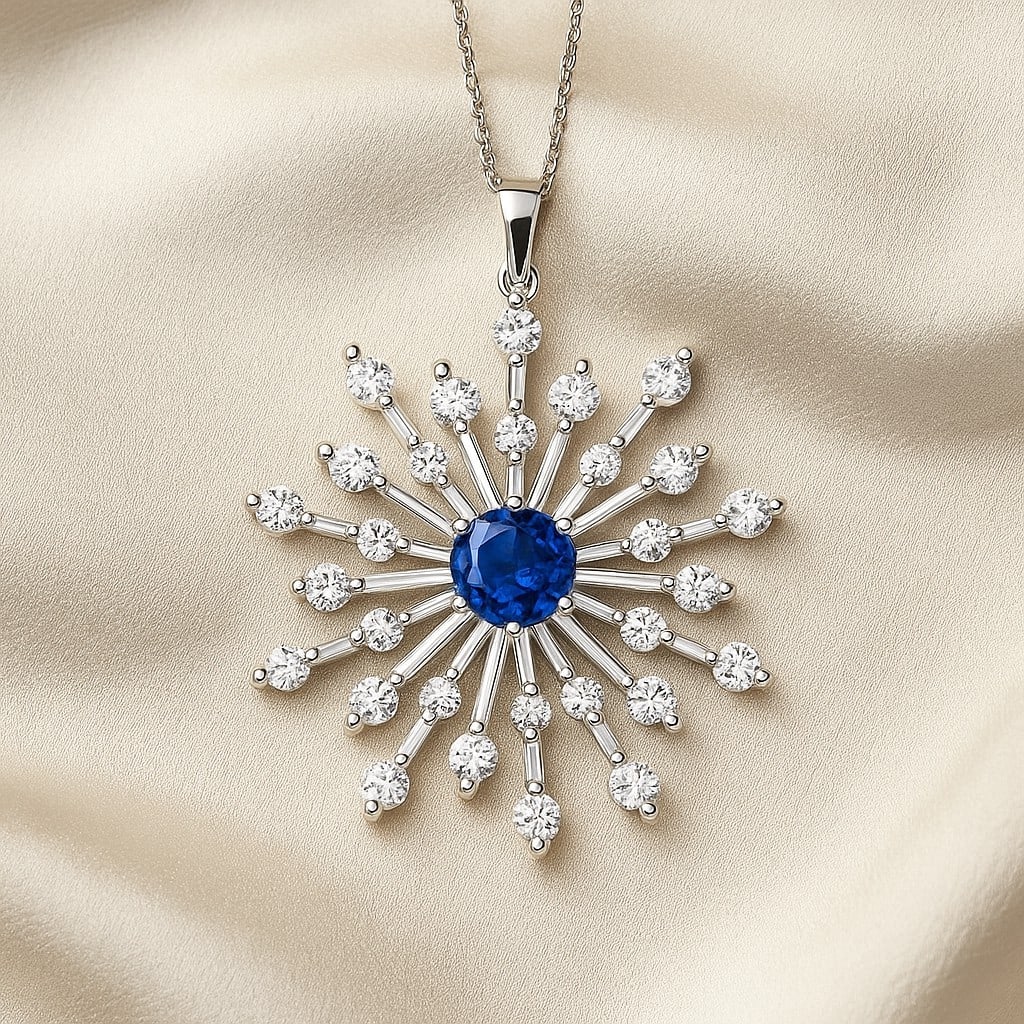 Natural Blue Sapphire & Diamond 92.5 Sterling Silver Pendant with Chain: Natural Blue Sapphire & Diamond 92.5 Sterling Silver Pendant with Chain Gemstone Shape : Round Gemstone Size : 4.5 MM Gemstone Quantity : 1 Piece Diamond Type : Lab Grown Diamond Shape : Round