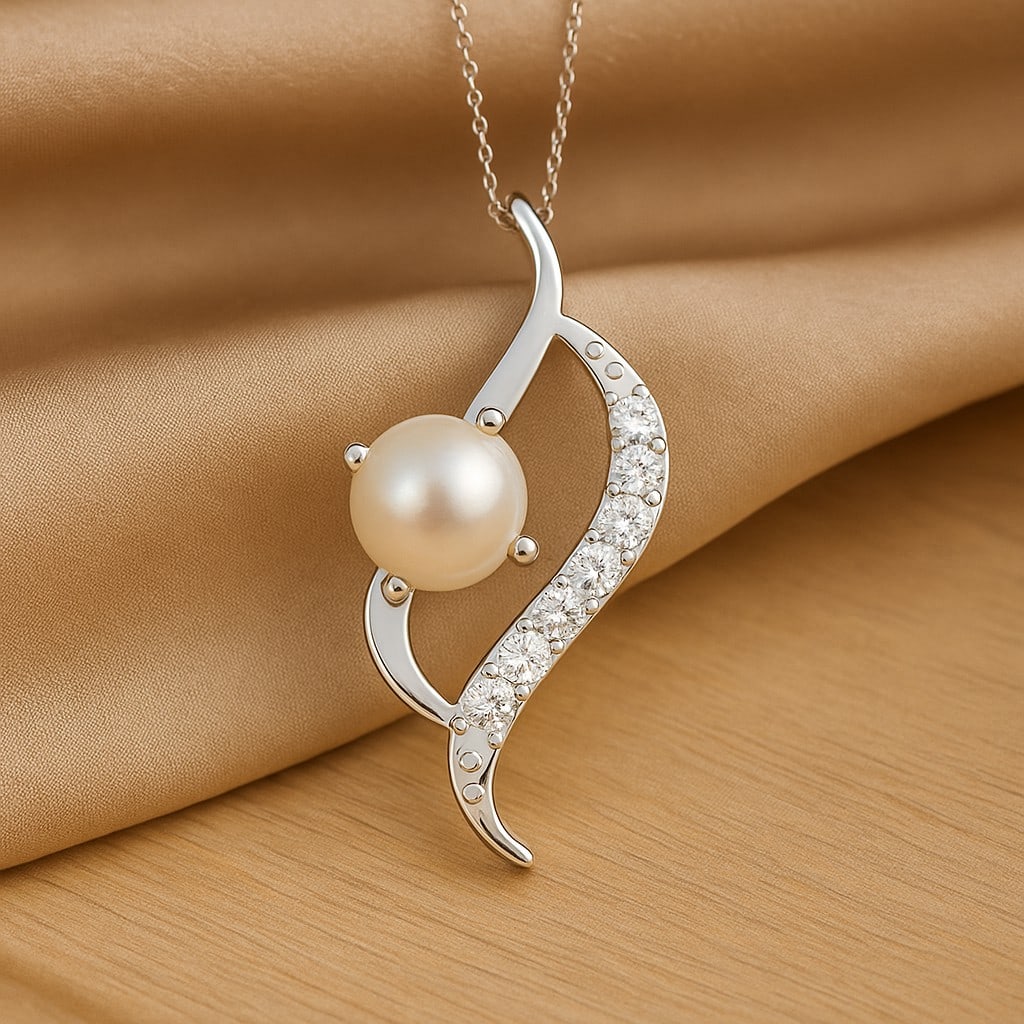 Natural Pearl & Diamond 92.5 Sterling Silver Pendant with Chain: Natural Pearl & Diamond 92.5 Sterling Silver Pendant with Chain Gemstone Shape : Round Gemstone Size : 6 MM Gemstone Quantity : 1 Piece Diamond Type : Lab Grown Diamond Shape : Round Diamond Co