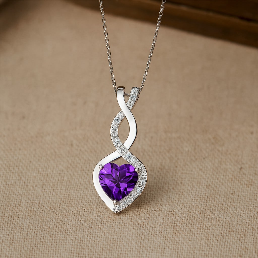 Natural Amethyst & Diamond 92.5 Sterling Silver Pendant with Chain: Natural Amethyst & Diamond 92.5 Sterling Silver Pendant with Chain Gemstone Shape : Heart Gemstone Size : 6 MM Gemstone Quantity : 1 Piece Diamond Type : Lab Grown Diamond Shape : Round Diamond