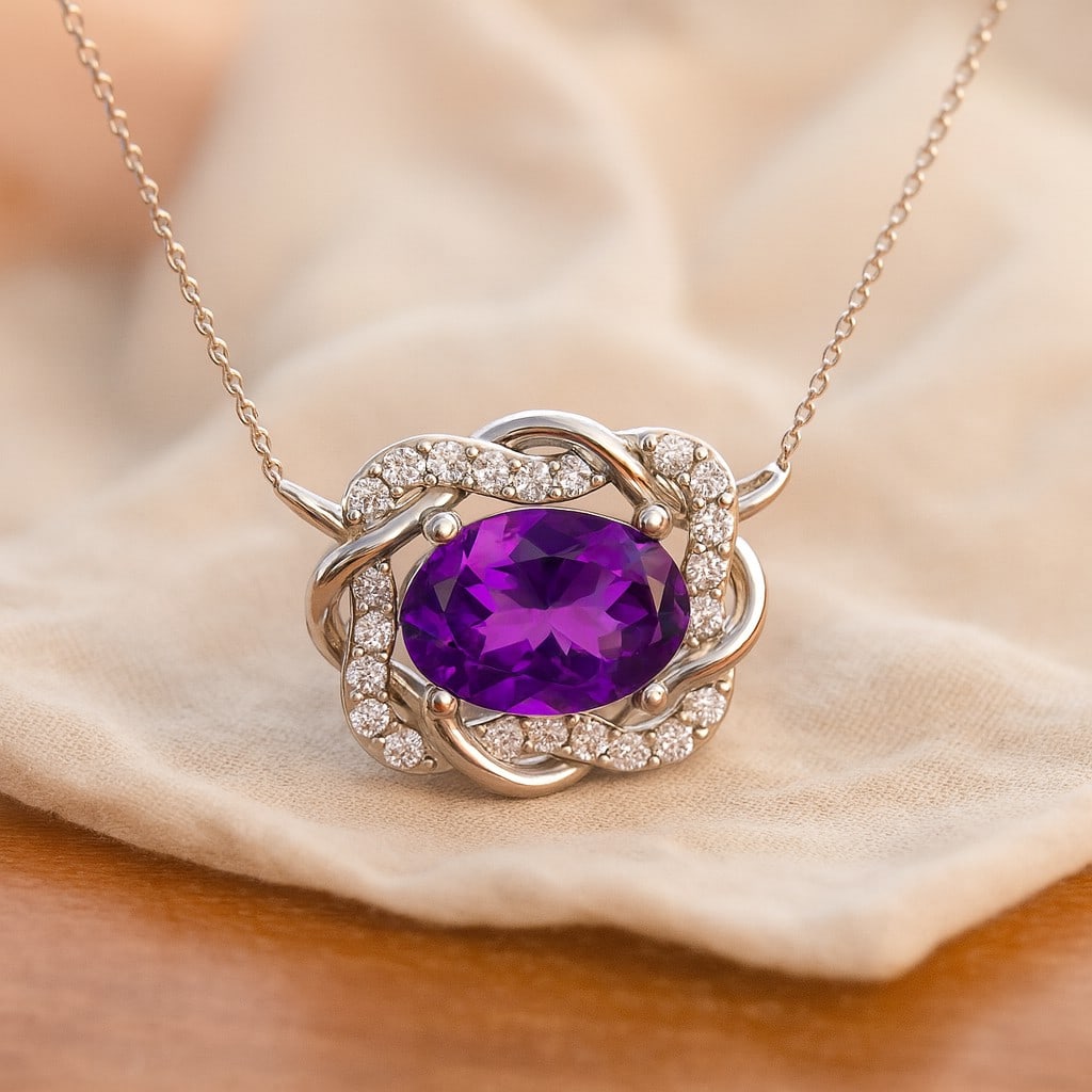 Natural Amethyst & Diamond 92.5 Sterling Silver Necklace: Natural Amethyst & Diamond 92.5 Sterling Silver Necklace Gemstone Shape : Oval Gemstone Size : 7x5 MM Gemstone Quantity : 1 Piece Diamond Type : Lab Grown Diamond Shape : Round Diamond Color :