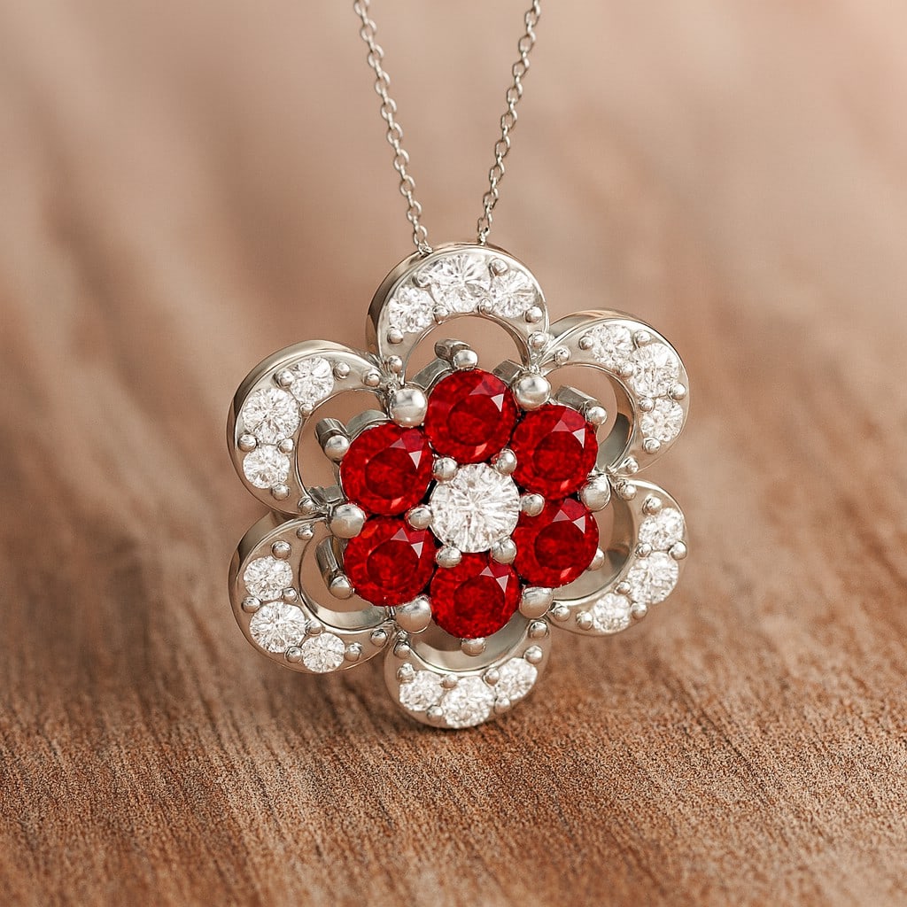 Natural Ruby & Diamond 92.5 Sterling Silver Pendant with Chain: Natural Ruby & Diamond 92.5 Sterling Silver Pendant with Chain Gemstone Shape : Round Gemstone Size : 2.5 MM Gemstone Quantity : 6 Pieces Diamond Type : Lab Grown Diamond Shape : Round Diamond