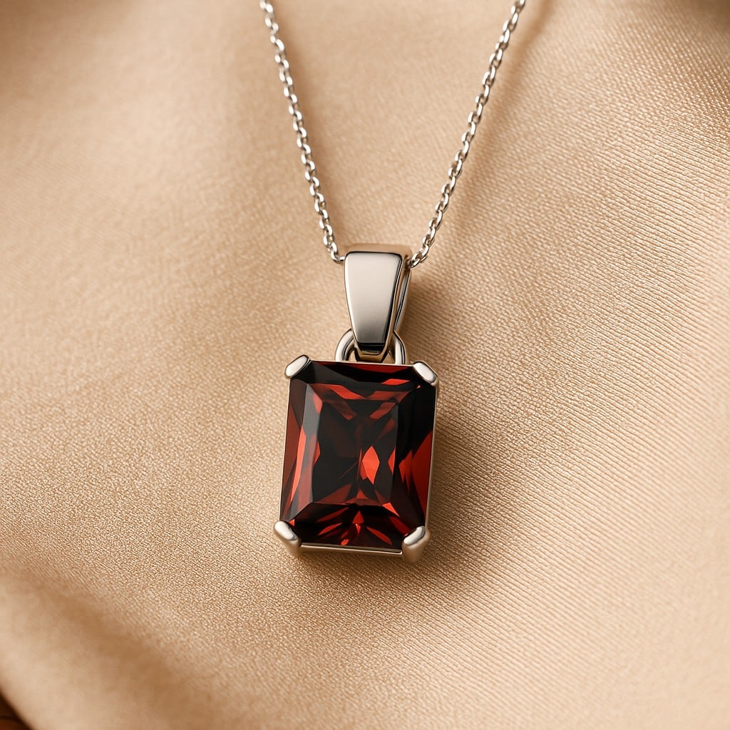 Natural Garnet Gemstone 92.5 Sterling Silver Pendant with Chain: Natural Garnet Gemstone 92.5 Sterling Silver Pendant with Chain Gemstone Shape : Emerald Gemstone Size : 9x7 MM Gemstone Quantity : 1 Piece Metal : Silver Metal Purity : 92.5 Sterling Silver Pe