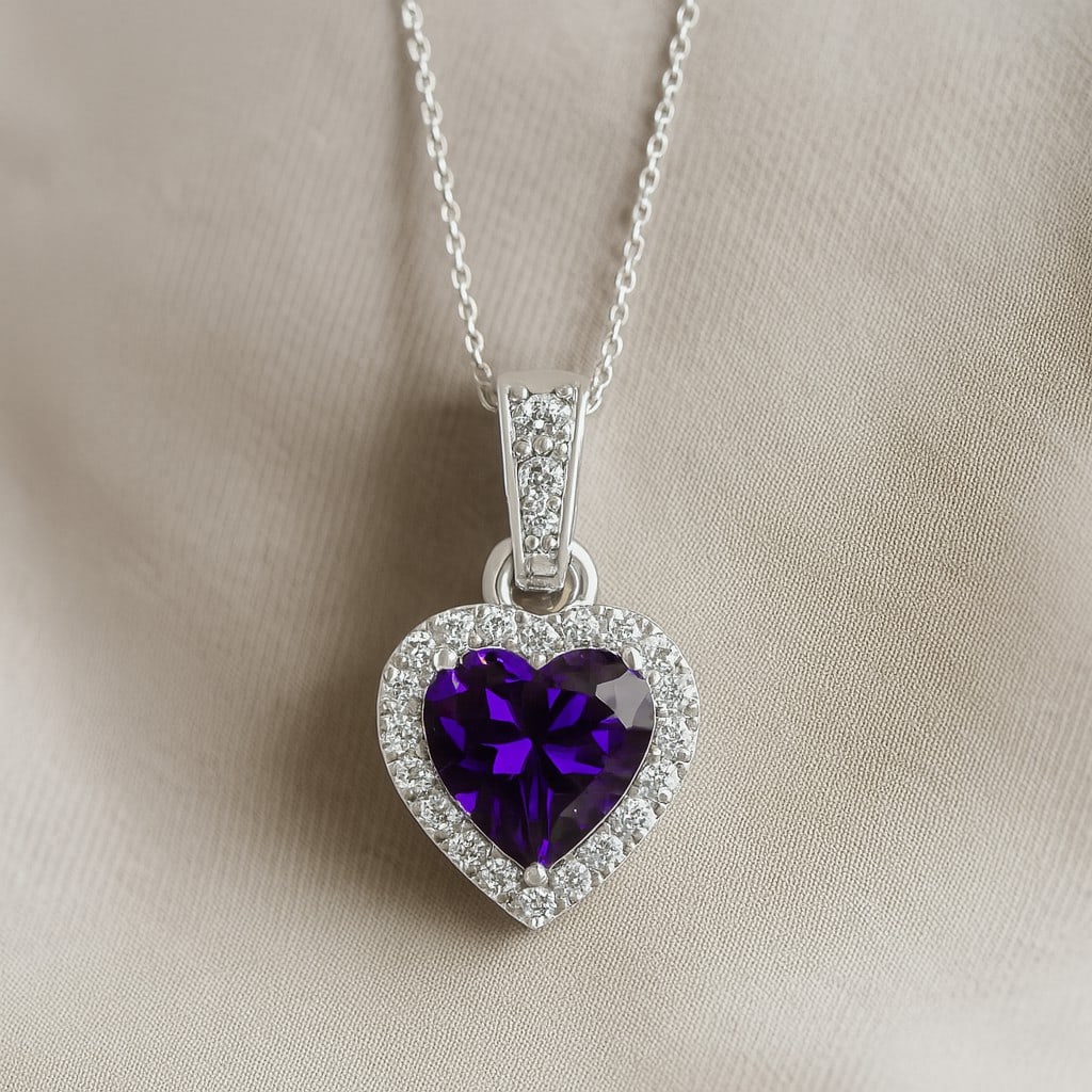 Natural Amethyst & Diamond 92.5 Sterling Silver Pendant with Chain: Natural Amethyst & Diamond 92.5 Sterling Silver Pendant with Chain Gemstone Shape : Heart Gemstone Size : 6 MM Gemstone Quantity : 1 Piece Diamond Type : Lab Grown Diamond Shape : Round Diamond