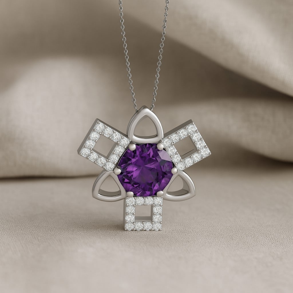 Natural Amethyst & Diamond 92.5 Sterling Silver Pendant with Chain: Natural Amethyst & Diamond 92.5 Sterling Silver Pendant with Chain Gemstone Shape : Round Gemstone Size : 6 MM Gemstone Quantity : 1 Piece Diamond Type : Lab Grown Diamond Shape : Round Diamond