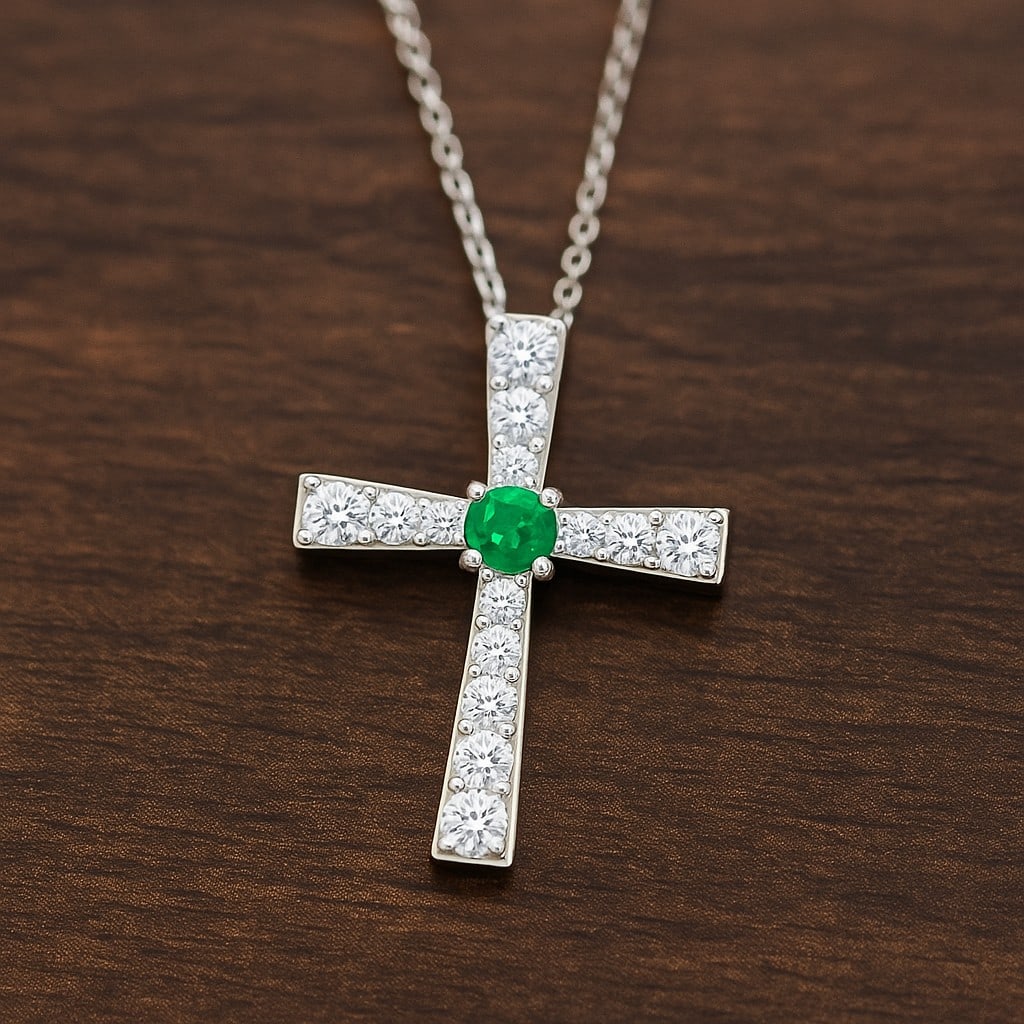 Lab Grown Emerald & Diamond 92.5 Sterling Silver Pendant with Chain: Lab Grown Emerald & Diamond 92.5 Sterling Silver Pendant with Chain Gemstone Shape : Round Gemstone Size : 3 MM Gemstone Quantity : 1 Piece Diamond Type : Lab Grown Diamond Shape : Round Diamon