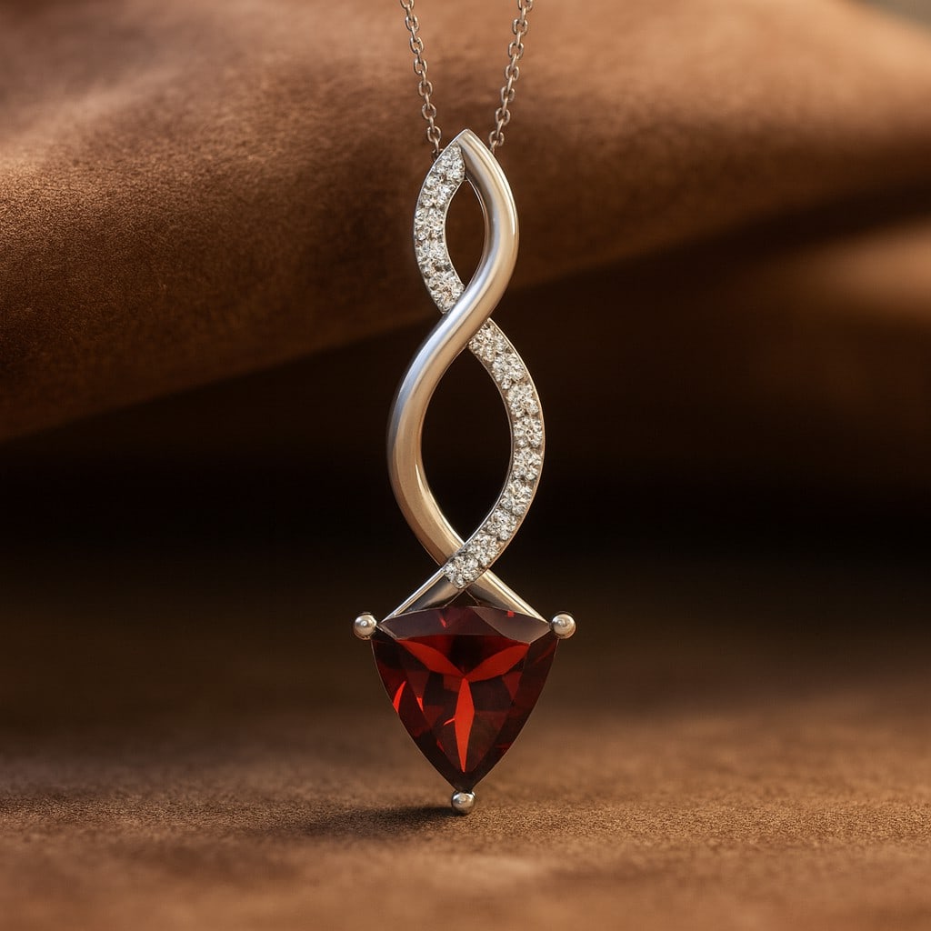 Natural Garnet & Diamond 92.5 Sterling Silver Pendant with Chain: Natural Garnet & Diamond 92.5 Sterling Silver Pendant with Chain Gemstone Shape : Trillion Curved Gemstone Size : 7 MM Gemstone Quantity : 1 Piece Diamond Type : Lab Grown Diamond Shape : Round