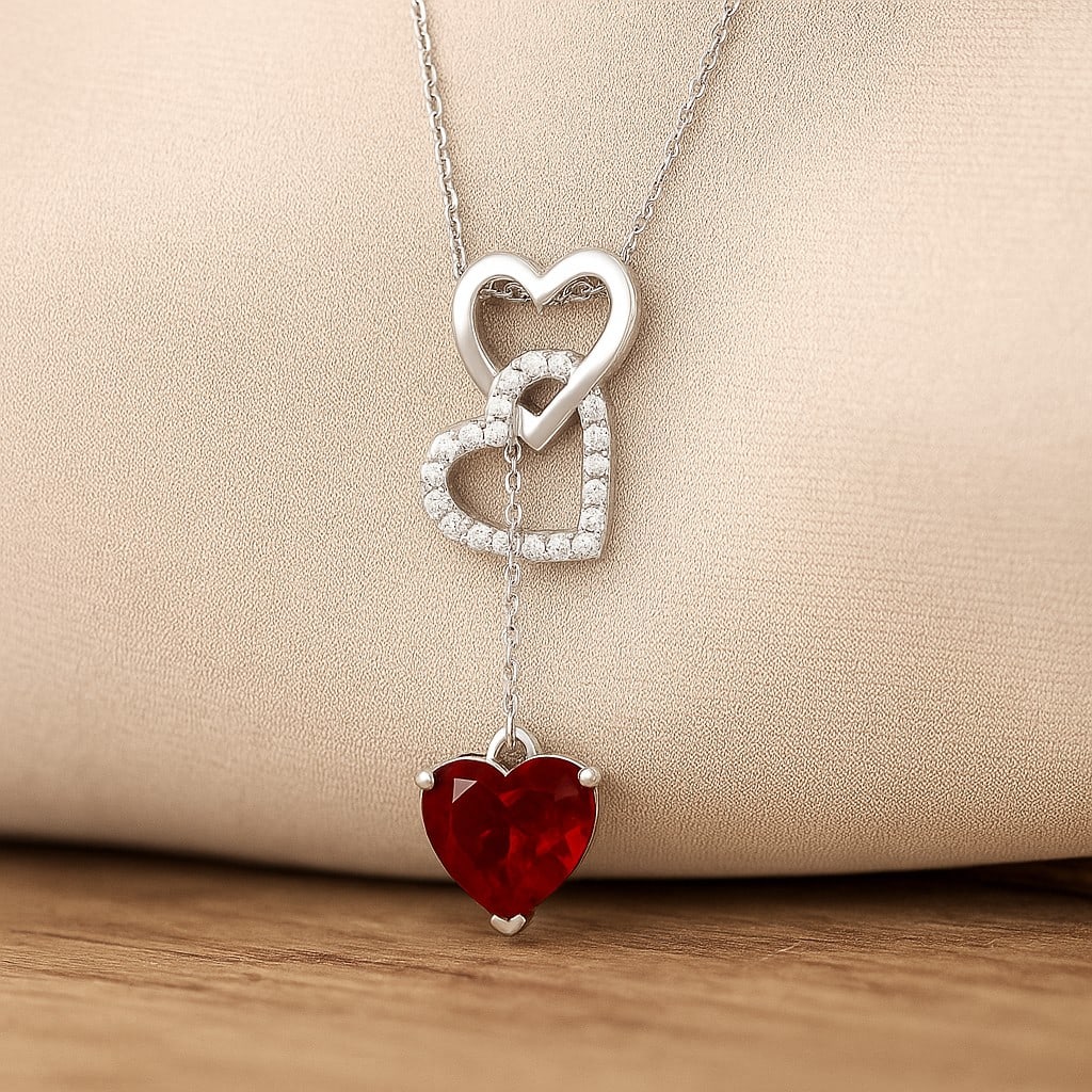 Natural Ruby & Diamond 92.5 Sterling Silver Pendant with Chain: Natural Ruby & Diamond 92.5 Sterling Silver Pendant with Chain Gemstone Shape : Heart Gemstone Size : 8 MM Gemstone Quantity : 1 Piece Diamond Type : Lab Grown Diamond Shape : Round Diamond Col