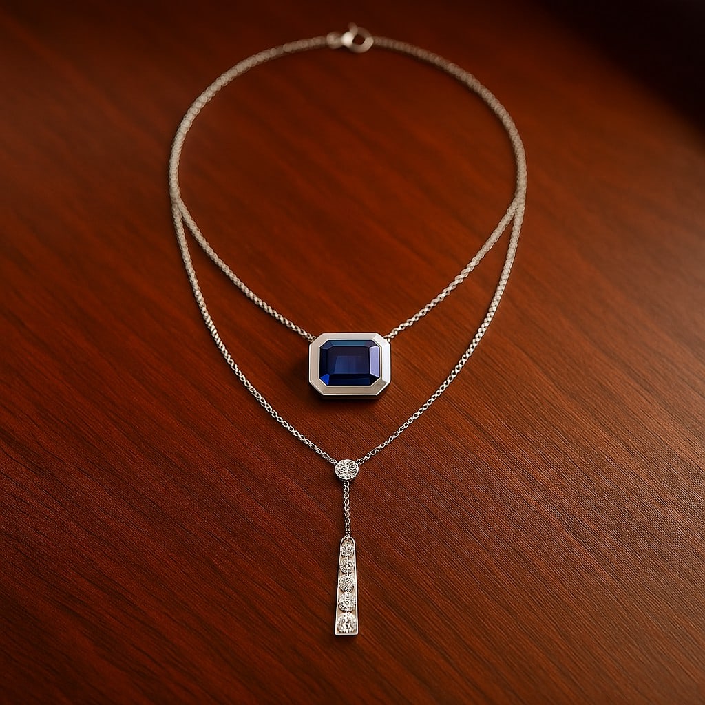 Natural Blue Sapphire & Diamond 92.5 Sterling Silver Necklace: Natural Blue Sapphire & Diamond 92.5 Sterling Silver Necklace Gemstone Shape : Emerald Gemstone Size : 6 MM Gemstone Quantity : 1 Piece Diamond Type : Lab Grown Diamond Shape : Round Diamond Co