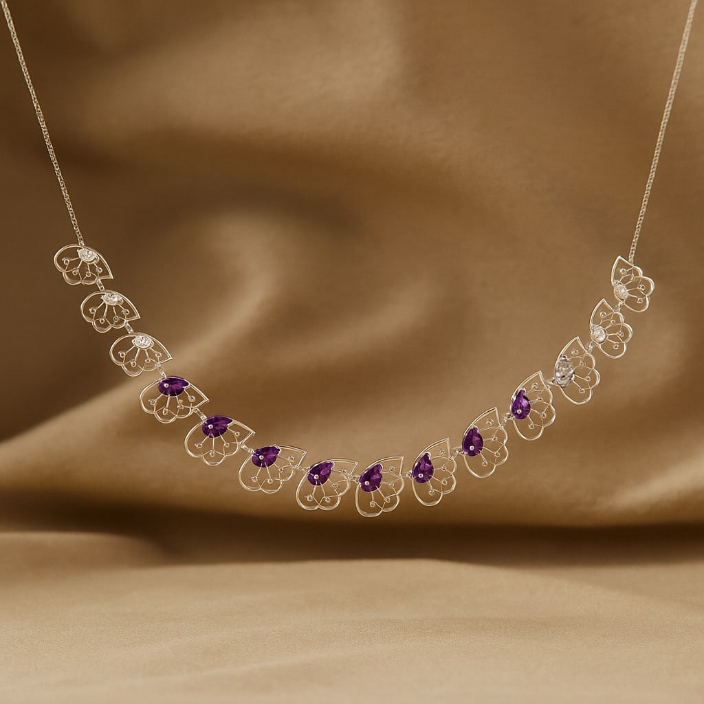 Natural Amethyst & Diamond 92.5 Sterling Silver Necklace: Natural Amethyst & Diamond 92.5 Sterling Silver Necklace Gemstone Shape : Pear Gemstone Size : 6x4 MM Gemstone Quantity : 1 Piece Diamond Type : Lab Grown Diamond Shape : Round Diamond Color :