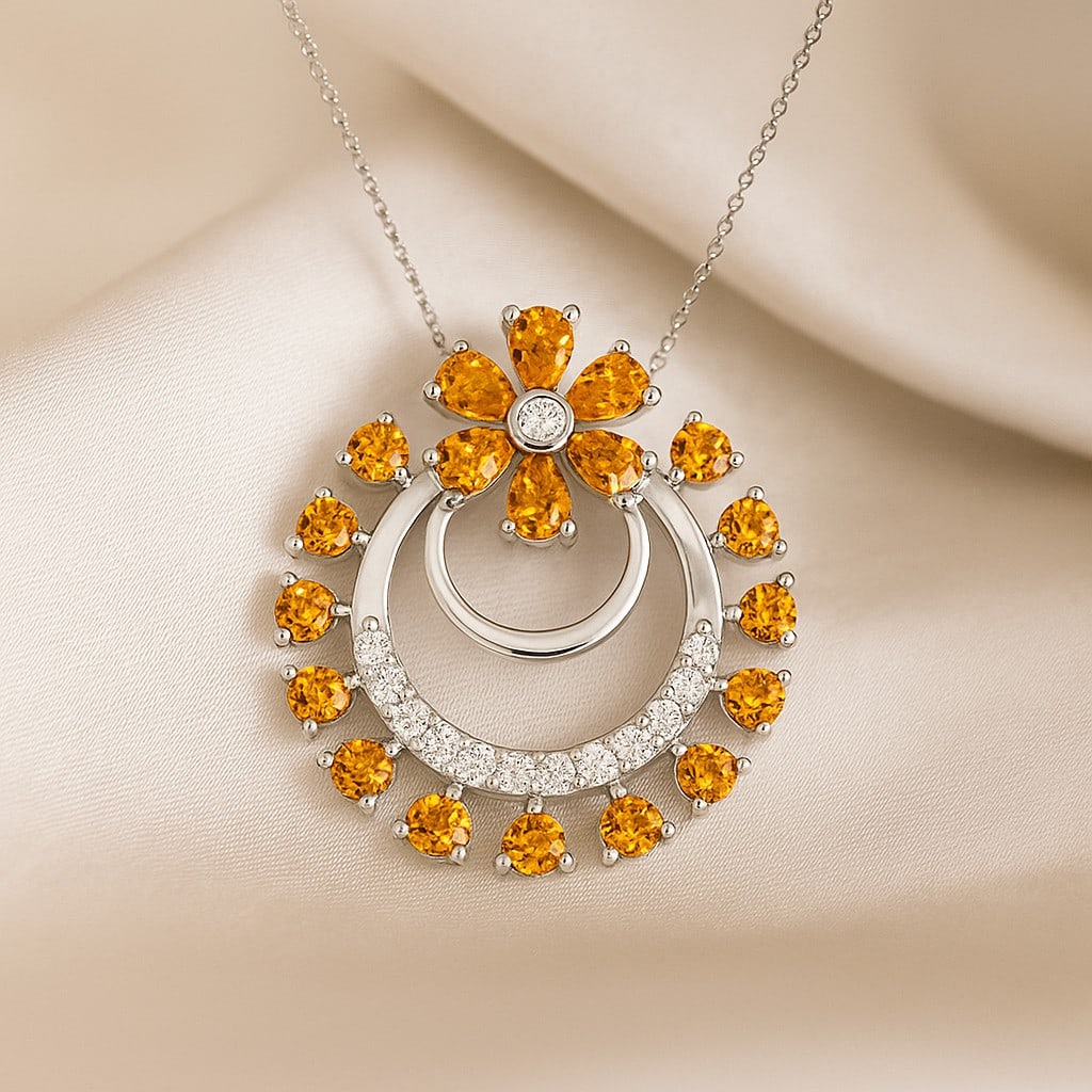 Natural Citrine & Diamond 92.5 Sterling Silver Pendant with Chain: Natural Citrine & Diamond 92.5 Sterling Silver Pendant with Chain Gemstone Shape : Round Gemstone Size : 3x2 MM, 2 MM Gemstone Quantity : 6 Pieces, 13 Pieces Diamond Type : Lab Grown Diamond Shape : R
