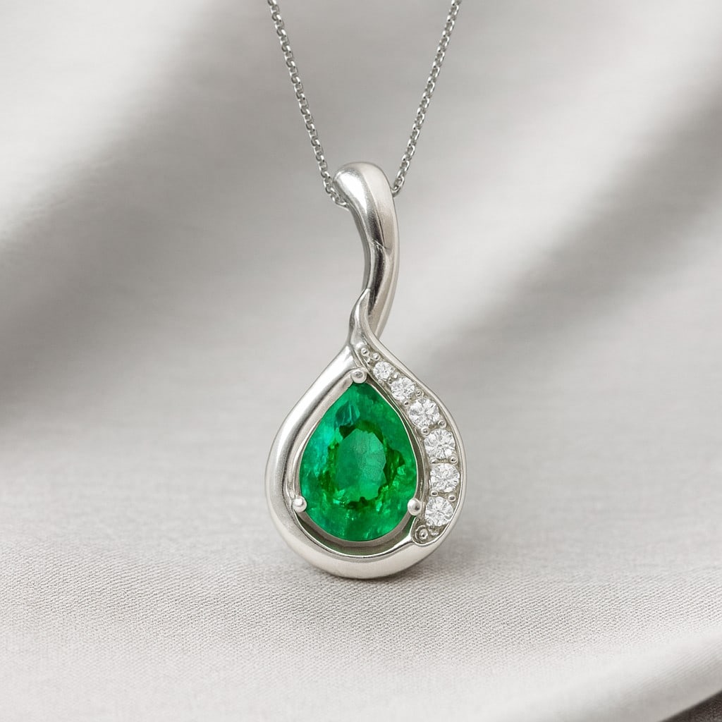 Lab Grown Emerald & Diamond 92.5 Sterling Silver Pendant with Chain: Lab Grown Emerald & Diamond 92.5 Sterling Silver Pendant with Chain Gemstone Shape : Pear Gemstone Size : 7x5 MM Gemstone Quantity : 1 Piece Diamond Type : Lab Grown Diamond Shape : Round Diamo