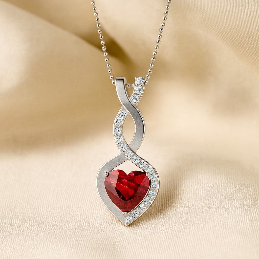 Natural Ruby & Diamond 92.5 Sterling Silver Pendant with Chain: Natural Ruby & Diamond 92.5 Sterling Silver Pendant with Chain Gemstone Shape : Heart Gemstone Size : 6 MM Gemstone Quantity : 1 Piece Diamond Type : Lab Grown Diamond Shape : Round Diamond Col